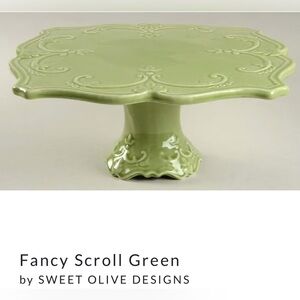 11" Diameter Square Pedestal Cake Stand Sweet Olive Designs Fancy Scroll Green